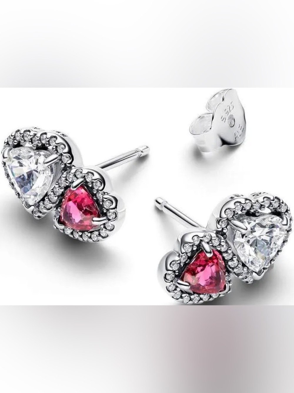 Sterling Silver Halo Heart Stud Earrings with Red and White Stones